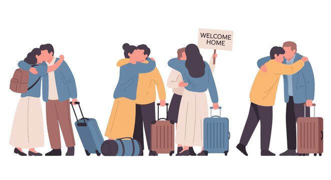 People reuniting and hugging at the airport with luggage. EPS Editable. Vector Illustrations.