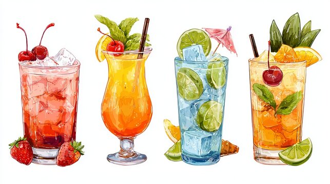 A colorful illustration of four refreshing cocktails with garnishes and ice cubes on a white background