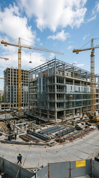 Large-scale construction site with a metal frame of a multi-storey building and tower cranes against a blue sky &mdash; photo of modern urban construction