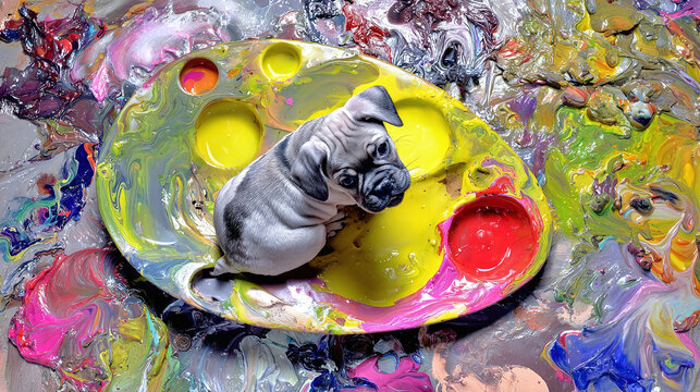 A Playful Pug Nestled in a Colorful Palette, Celebrating Creativity and Whimsy in a Vivid Artistic Landscape