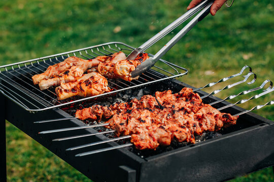 Pork skewers and chicken feet marinated grilling on rack over coals, spring barbecue in backyard