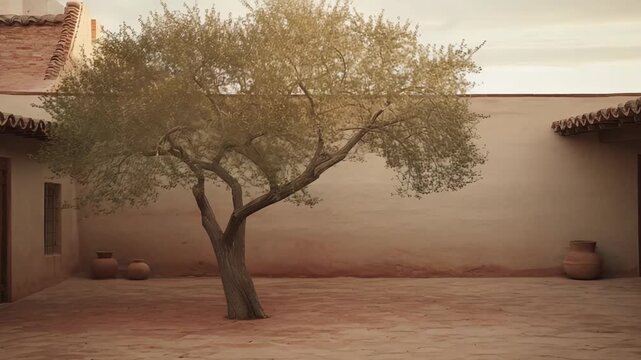 Earth toned courtyard showcasing a rustic adobe architectural style, with a central tree providing shade and terracotta pottery creating a sense of serenity and timelessness