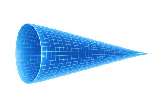 Blue digital wireframe cone shape with wireframe, geometric, abstract isolated on transparent background