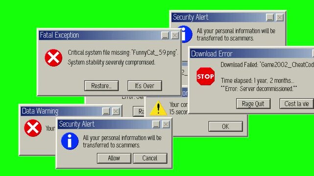 Humorous fake computer error windows filling screen animation on green background