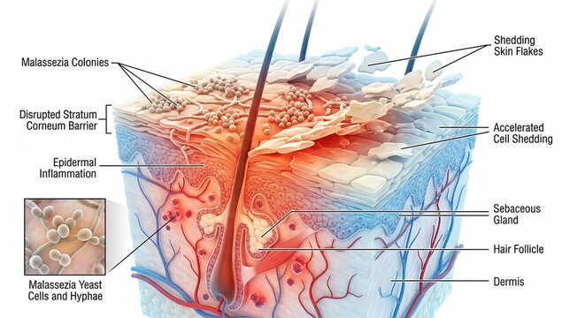 Scientific 3D infographic of scalp dandruff and inflammation. Visualization of Malassezia yeast colonies disrupting the skin barrier, causing accelerated cell shedding and epidermal redness