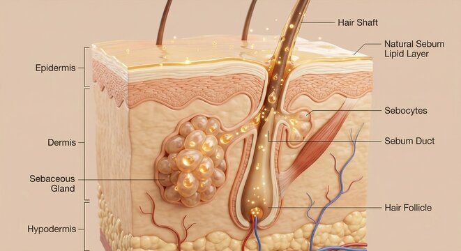 Scientific 3D infographic of a sebaceous gland in the skin. Detailed view of sebocytes, sebum duct, and natural lipid layer formation on the hair shaft within the dermis and epidermis layers