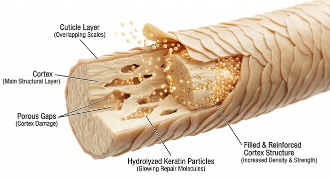Scientific 3D educational visualization of hair shaft anatomy. Detailed cross-section showing overlapping cuticle scales, keratin bundles in the cortex, and the central medulla core