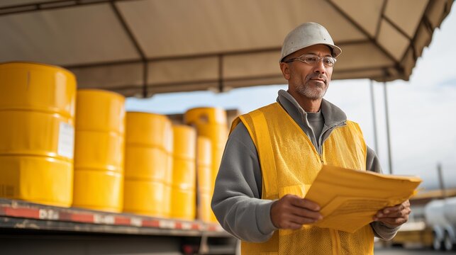 Environmental engineer reviewing radioactive waste transport manifest at loading dock, sealed yellow drums on flatbed truck, containment tent erected in background, perfect for nuclear waste