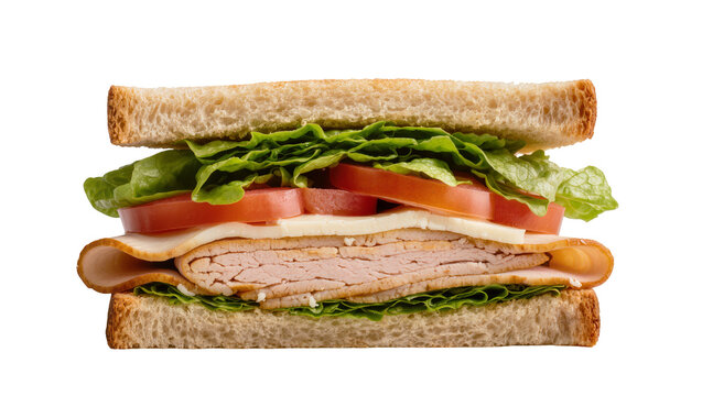 Hearty turkey sandwich with lettuce tomato and cheese, isolated on transparent background