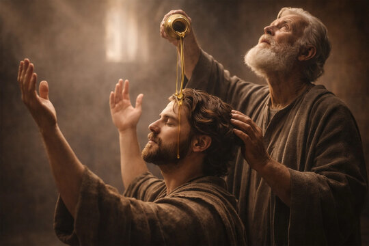 The prophet Samuel anoints young David with oil in a sacred biblical ceremony.