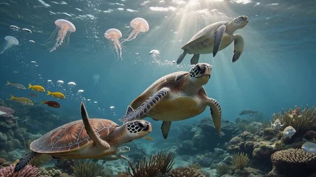 Sea turtles swimming in a vibrant coral reef, underwater marine life with colorful fish and jellyfish under sunlight beams.