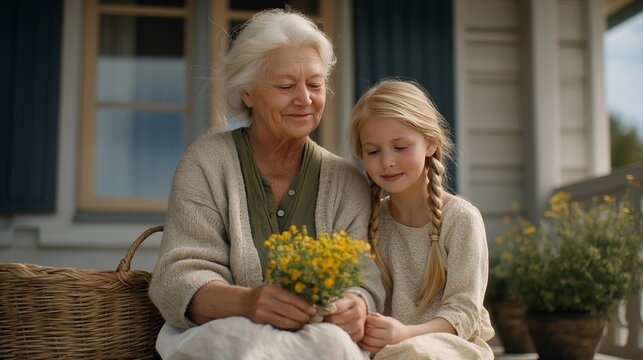 Elderly woman arranging wildflower bouquet on sunlit porch steps, daughter braiding her silver hair, wicker basket of herbs nearby, spring garden blooming behind them, perfect for Mothers Day,