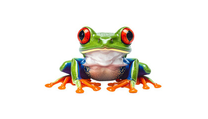 Fototapeta premium A cute little tropical green tree frog with bright red eyes sits alone against a white background.