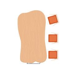 Naklejka premium Wooden dining table from uneven oak slab, chairs, top down view for interior design and floor plan. Wood kitchen furniture, from above. Flat vector illustration isolated on white background
