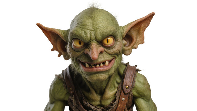 Green goblin creature with pointed ears and sharp teeth, isolated on transparent background