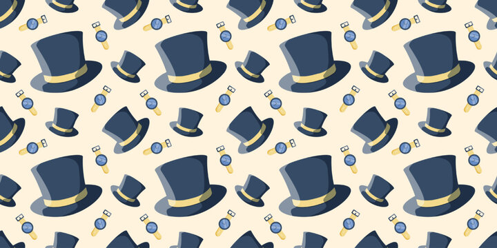 Seamless Pattern with Mens Gentleman Hat Watch. Mens Style Vector Illustration for Fathers Day. Seamless Pattern Background Print with Elements Watch Hat flat Style. Cute Fathers Day Seamless