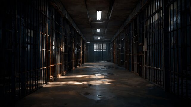Dimly lit prison corridor, bars and shadows. Artificial intelligence image