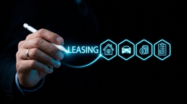 Hand presenting digital leasing icons with glowing effect, representing various leasing options in a business context.