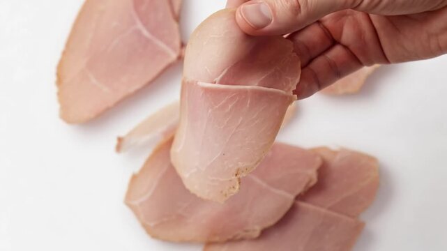 Slices of fresh ham deli meat arranged on a white background, overhead view of thin pork meat cuts for sandwiches or charcuterie.