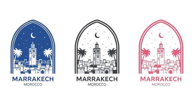 Collection of stylized city skyline emblems featuring a mosque tower and palm trees in Marrakech, Morocco