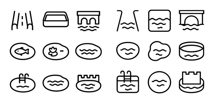Pool and basin icon set showing water containers and waves