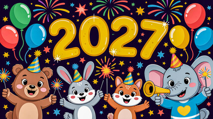 Fototapeta premium Cute Cartoon 2027 Kids Celebration New Year Design