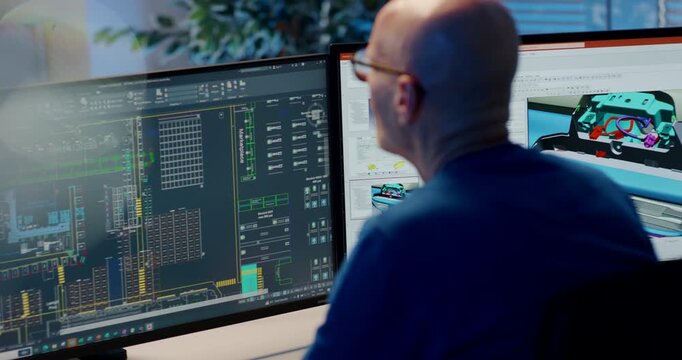 Professional engineer working on dual monitor setup with complex cad architectural blueprint and data software