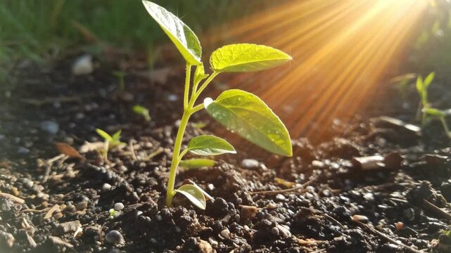 Small green seedling growing out of dark soil, sunny morning light with lens flare in a garden, concept of nature growth and ecology.