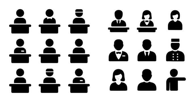 User icons seated and standing at desks and counters