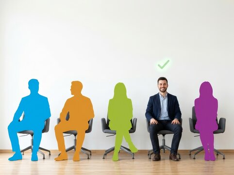 Businessman on chair selected among candidates. HR recruitment concept with colorful cutouts.