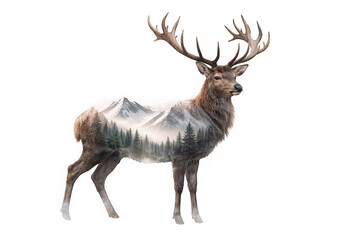 Obraz premium Double exposure stag with mountain landscape inside its body as isolated on transparent background