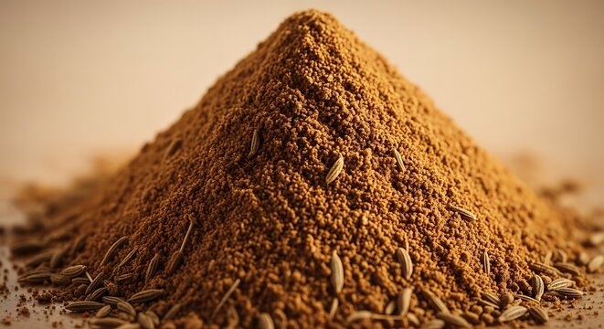 Pile of aromatic cumin powder, a common spice used in cooking.