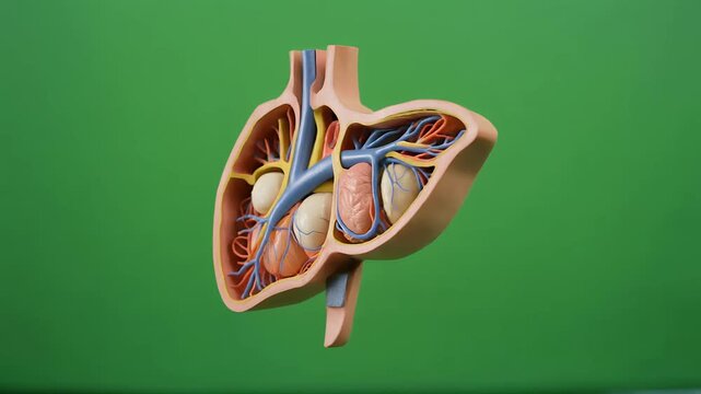 Human liver anatomy cutaway model rotating over green background.