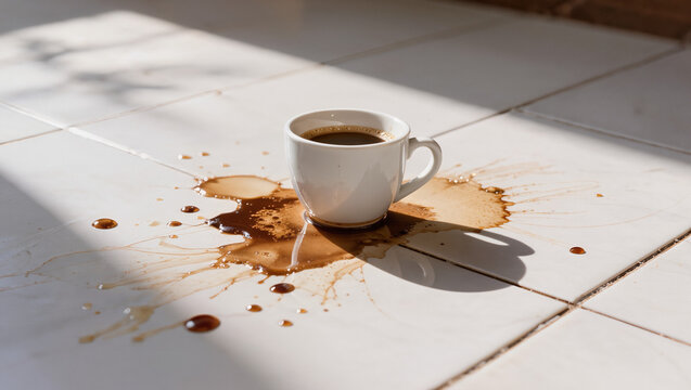 Spilled Coffee Cup on White Tiled Floor