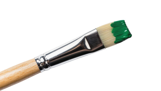 Flat paintbrush with green paint on bristles, isolated on transparent background