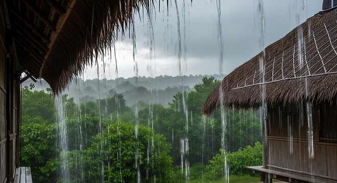 Heavy tropical rain falling on a lush green landscape viewed from beneath a rustic thatched roof illustration