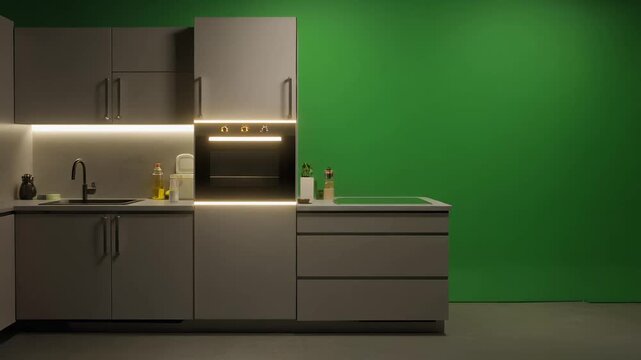Minimal modern kitchen with green wall and warm LED lighting.