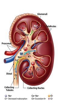 Anatomical illustration of a human kidney showing nephron structure and ion transport.