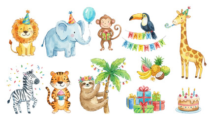 Fototapeta premium Cute safari animals, birthday party decor, tropical elements in watercolor style for kids celebration and nursery design. Collection of Vector illustrations for invitation, card, poster, banner, decor