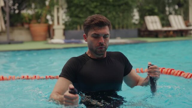 Men doing aqua spin with intense focus at a wellness center, embracing a healthy lifestyle with mindful fitness, holistic wellness, active recovery, balanced nutrition, stress management, and longevit