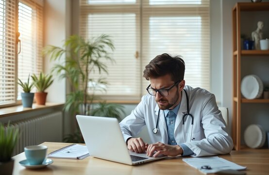 Male doctor wears lab coat and stethoscope. He sits at desk typing on laptop computer. Office plants and window blinds visible. Physician looks tired during work day.