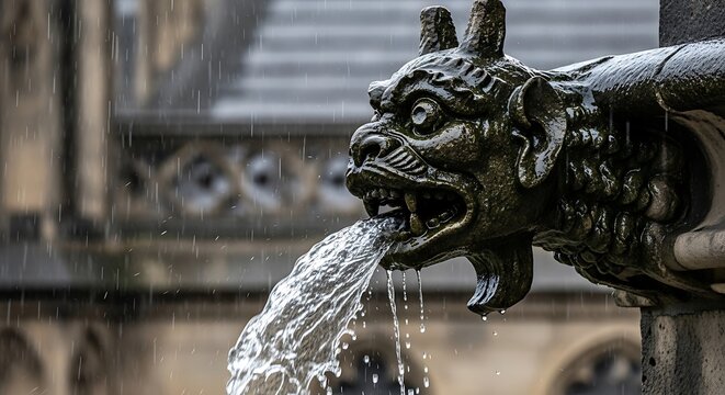 A close up black and white view of an ornate stone gargoyle fountain pouring water into a basin illustration
