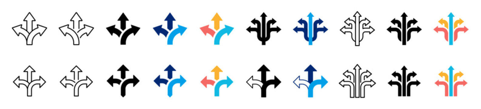 Multi direction arrows icon collection. Minimalist split multiple paths, symbols, growth, choices, colorful wayfinding, decision making, and alternative route icons. Vector transparent and PNG