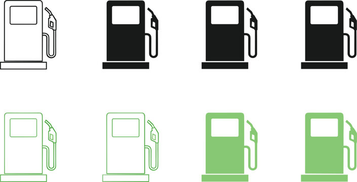 Fuel pump icon set vector with gasoline station symbols in outline and solid styles for transportation and energy design