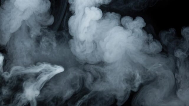 Thick white smoke swirling against a solid black background, abstract gaseous texture and flowing atmospheric vapor overlay.