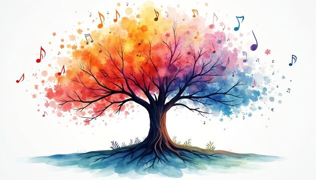Colorful tree watercolor illustration with musical notes as leaves. Tree has vibrant orange red purple blue color palette. Notes fly around tree branches. Creative music art concept for audio media.