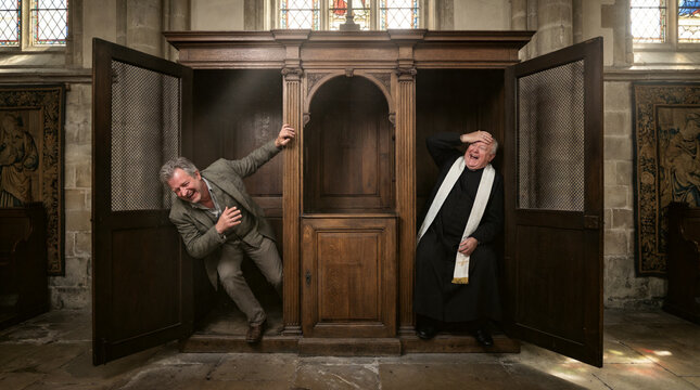Priest and Man Laughing Inside Church Confessional Booth in Humorous Candid Moment