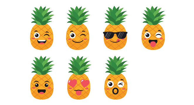 Collection of cute pineapple characters with different facial expressions including winking, cool, and heart eyes.