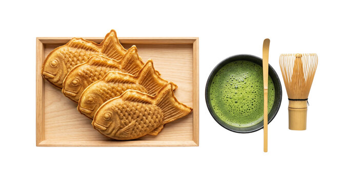 Japanese Taiyaki Fish Shaped Cakes with Matcha Tea