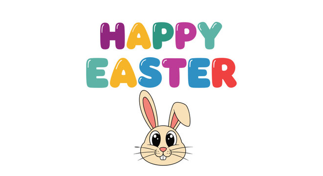 Festive Easter graphic featuring a cute cartoon bunny head and the words HAPPY EASTER written in large colorful bubble letters above it now.